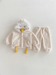 New Arrival Winter Infant Baby Unisex Fluffy Warm Long Sleeves Cartoon Pattern Top and Solid Color Pants Pajamas Sets Wholesale