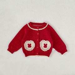 New Arrival Autumn and Winter Infant Baby Girls Dots and Rabbits Pattern Long Sleeves Single Breasted Knitted Cardigan Wholesale