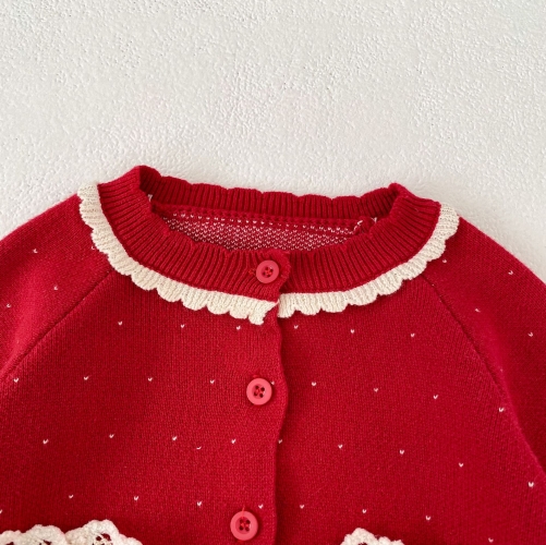 New Arrival Autumn and Winter Infant Baby Girls Dots and Rabbits Pattern Long Sleeves Single Breasted Knitted Cardigan Wholesale