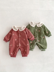 Autumn and Winter Infant Baby Unisex Corduroy Long Sleeve One Piece Fleece-lined Embroidered Romper Wholesale