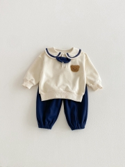 2026 Spring and Autumn Infant Baby Kids Unisex Long Sleeves Teddy Bear Pattern Pullover with Plain Pants Preppy Sets Wholesale