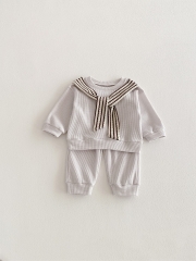 2026 Spring and Autumn Infant Baby Kids Unisex Long Sleeves Striped Pattern Pullover with Plain Pants Sets Wholesale