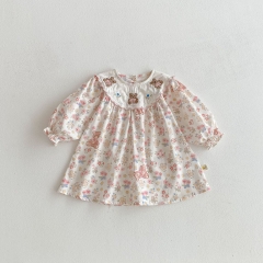 Spring and Autumn Infant Baby Girls Flowers and Teddy Bear Pattern Cute Long Sleeves One Piece Dress Wholesale