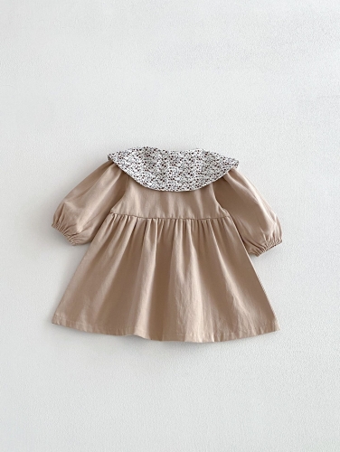 Spring and Autumn Infant Baby Girls Floral Collar Color Patchwork Long Sleeves One Piece Dress Wholesale