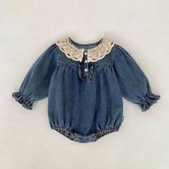 Spring and Autumn Infant Baby Girls Color Patchwork Long Sleeves One Piece Stylish Denim Onesies Wholesale