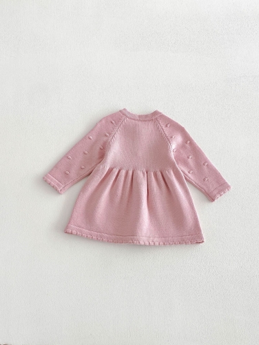 Spring and Autumn Infant Baby Girls Solid Color Long Sleeves One Piece Knitted Pattern Dress Wholesale