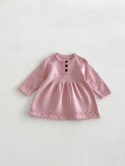 Spring and Autumn Infant Baby Girls Solid Color Long Sleeves One Piece Knitted Pattern Dress Wholesale