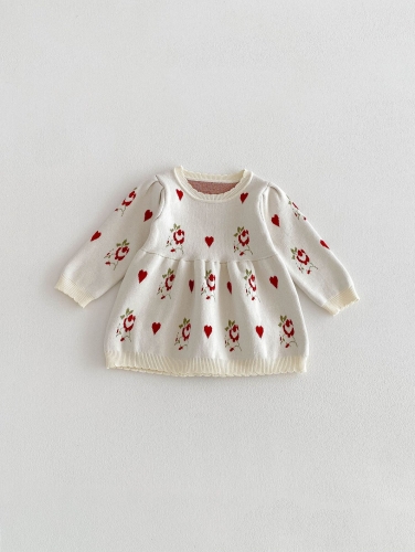 Spring and Autumn Infant Baby Girls Flowers and Hearts Pattern Long Sleeves One Piece Knitted Dress Wholesale
