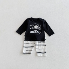 2026 Spring and Autumn Infant Baby Kids Unisex Long Sleeves Cartoon and Letters Pattern Top with Striped Pants Sets Wholesale