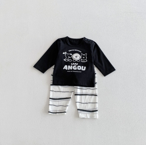 2026 Spring and Autumn Infant Baby Kids Unisex Long Sleeves Cartoon and Letters Pattern Top with Striped Pants Sets Wholesale