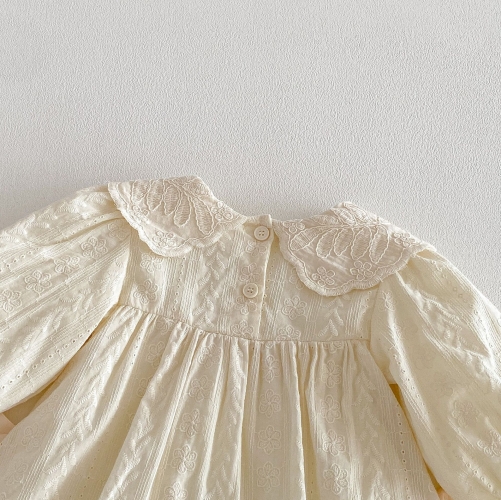 Spring and Autumn Infant Baby Girls Solid Color Long Sleeves One Piece Jacquard Pattern Dress Wholesale