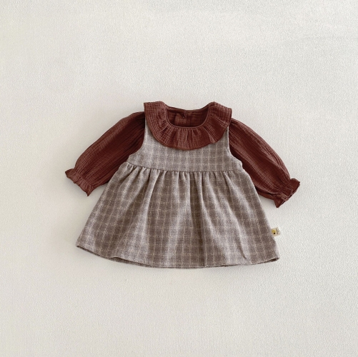 2026 Spring and Autumn Infant Baby Kids Girls Long Sleeves Solid Color Top and Plaid Dress Wholesale