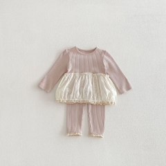 2026 Spring and Autumn Infant Baby Kids Girls Long Sleeves Color Patchwork Top with Pants Sets Wholesale