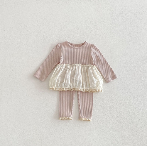 2026 Spring and Autumn Infant Baby Kids Girls Long Sleeves Color Patchwork Top with Pants Sets Wholesale