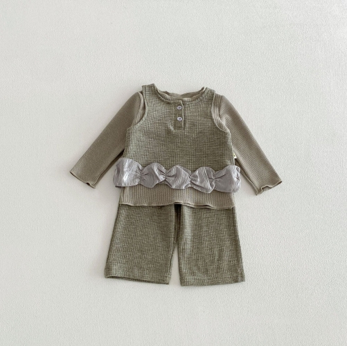 2026 Spring and Autumn Infant Baby Kids Girls Long Sleeves Solid Color Top, Vest with Pants Sets Wholesale
