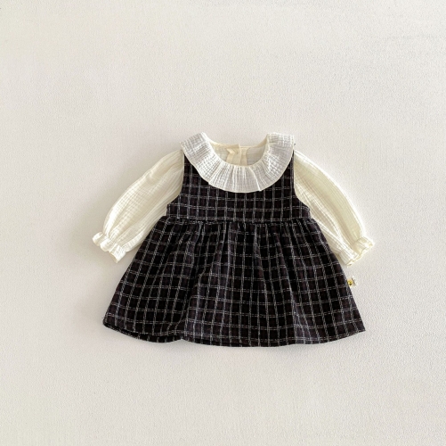 2026 Spring and Autumn Infant Baby Kids Girls Long Sleeves Solid Color Top and Plaid Dress Wholesale