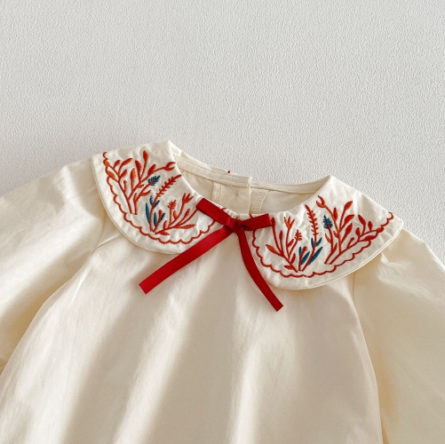 Spring and Autumn Infant Baby Girls Flowers Embroidered Long Sleeves One Piece Stylish Onesies Wholesale