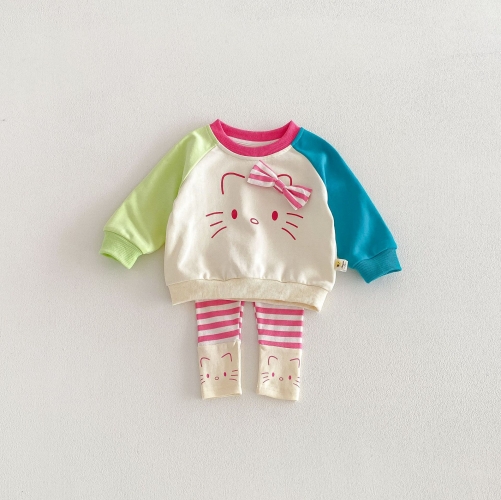 2026 Spring and Autumn Infant Baby Kids Girls Long Sleeves Cartoon Pattern Color Patchwork Pullover with Striped Pants Sets Wholesale