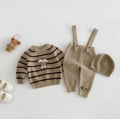 2026 Spring and Autumn Infant Baby Kids Boys and Girls Long Sleeves Striped Pullover, Strap Overalls with Hat Knitted Sets Wholesale
