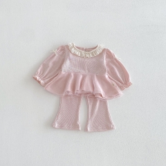 2026 Spring and Autumn Infant Baby Kids Girls Long Sleeves Tulle Design Top with Flared Pants Sets Wholesale