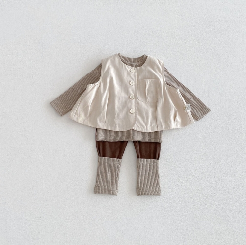 2026 Spring and Autumn Infant Baby Kids Girls Long Sleeves Solid Color Pullover, Color Patchwork Pants with Vest Sets Wholesale