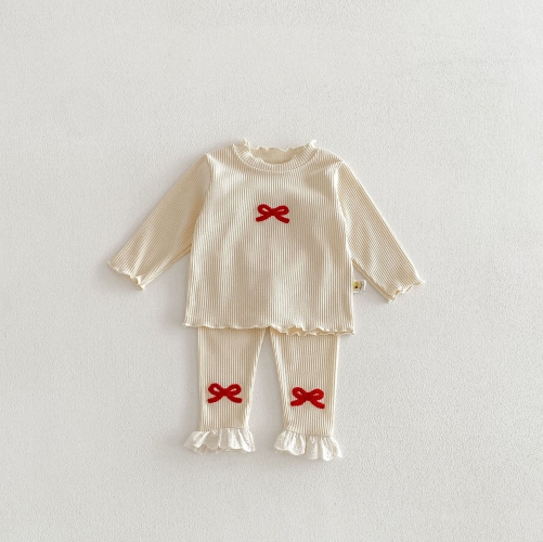 2026 Spring and Autumn Infant Baby Kids Girls Long Sleeves Striped and Butterfly-bows Pattern Top Pullover with Pants Sets Wholesale