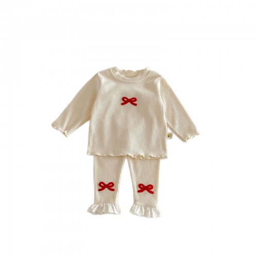 2026 Spring and Autumn Infant Baby Kids Girls Long Sleeves Striped and Butterfly-bows Pattern Top Pullover with Pants Sets Wholesale