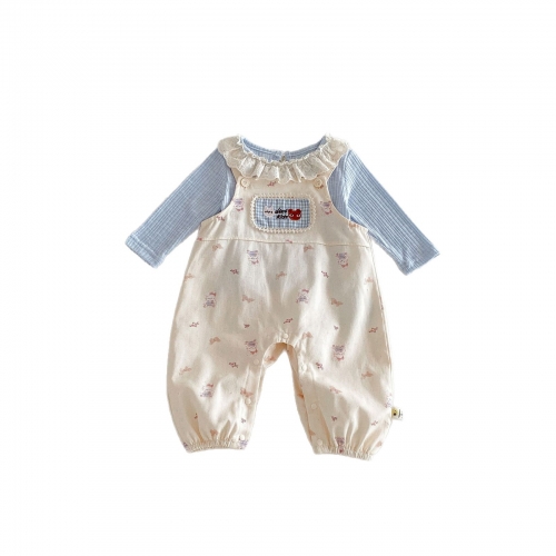 2026 Spring and Autumn Infant Baby Kids Girls Long Sleeves Striped Pattern Top with Cartoon Pattern Overalls Sets Wholesale