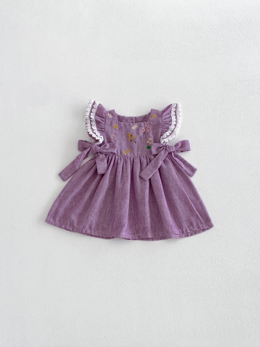 Summer Infant Baby Girls Cute Fly Sleeves Flowers Embroidered Pattern One Piece Dress Wholesale