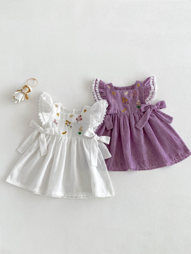 Summer Infant Baby Girls Cute Fly Sleeves Flowers Embroidered Pattern One Piece Dress Wholesale