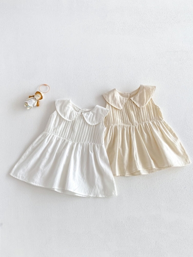 Summer Infant Baby Girls Solid Color Sleeveless Pleated One Piece Dress with Collar Wholesale