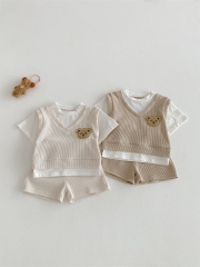 2026 Summer Infant Baby Kids Unisex Short Sleeves Color Patchwork Waffle Grid Top with Shorts Sets Wholesale