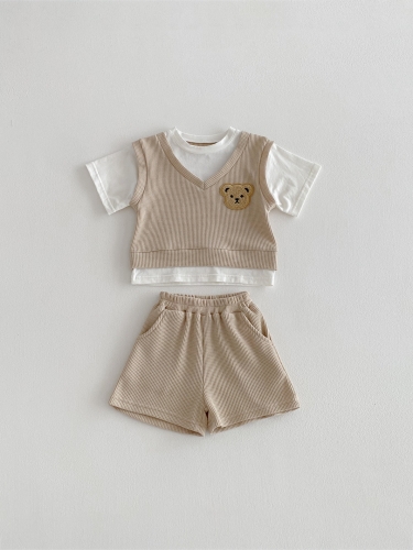 2026 Summer Infant Baby Kids Unisex Short Sleeves Color Patchwork Waffle Grid Top with Shorts Sets Wholesale