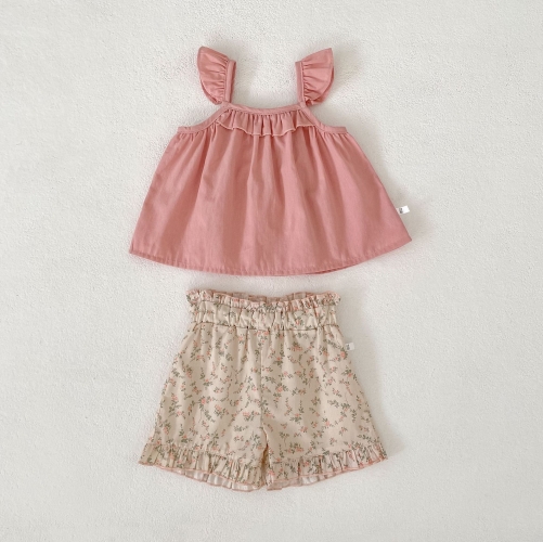 2026 Summer Infant Baby Kids Girls Sleeveless Pink Top Vest with Floral Shorts Sets Wholesale