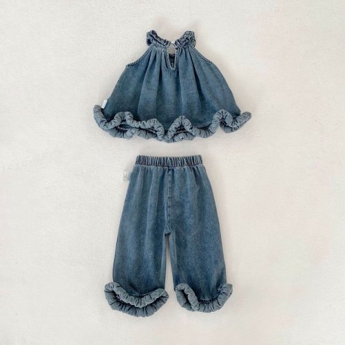 2026 Summer Infant Baby Kids Girls Sleeveless Denim Top Vest with Jeans Sets Wholesale
