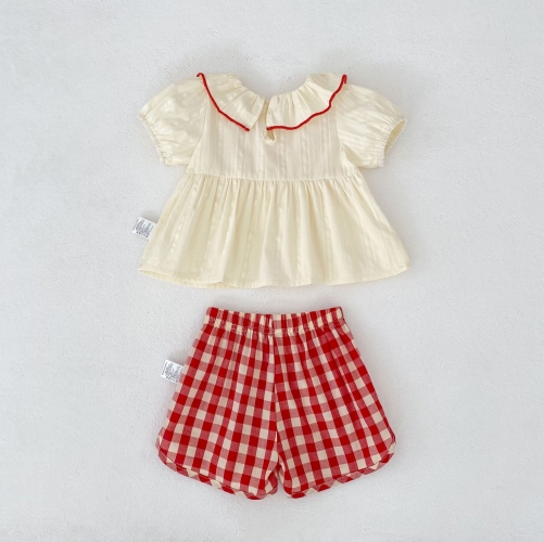 2026 Summer Infant Baby Kids Girls Short Sleeves Plain Striped Top with Plaid Shorts Sets Wholesale