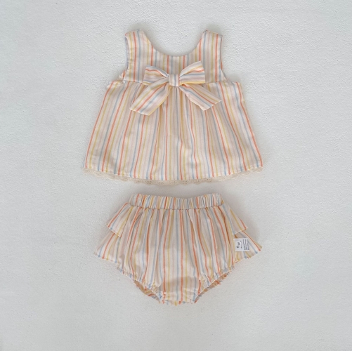 2026 Summer Infant Baby Kids Girls Sleeveless Striped Pattern Top Vest with Bloomers Sets Wholesale