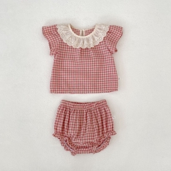 2026 Summer Infant Baby Kids Girls Short Sleeves Plaid Pattern Top with Shorts Sets Wholesale