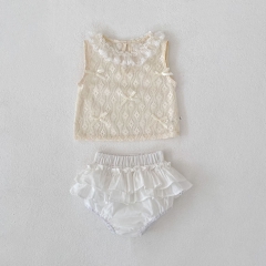 2026 Summer Infant Baby Kids Girls Sleeveless Flowers Pattern Hollow Out Top Vest with Plain Bloomers Sets Wholesale