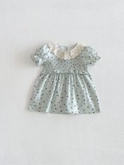 Summer Infant Baby Girls Cute Flowers Pattern Short Sleeves Embroidered Collar One Piece Stylish Dress Wholesale