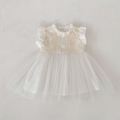 Summer Infant Baby Girls Fly Sleeves Lace Embroidered One Piece Stylish Tulle Dress Wholesale
