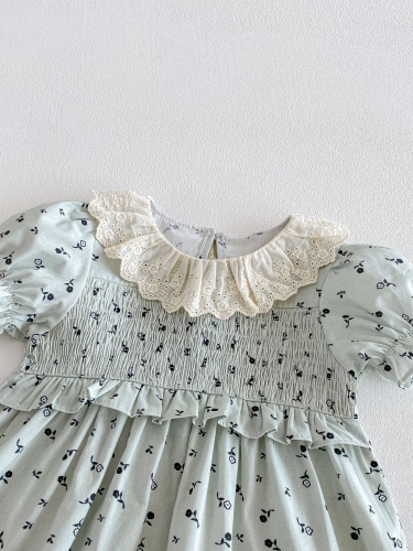 Summer Infant Baby Girls Cute Flowers Pattern Short Sleeves Embroidered Collar One Piece Stylish Dress Wholesale
