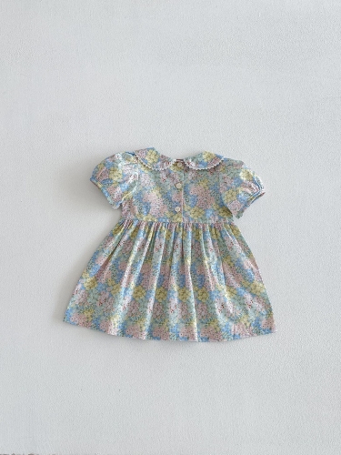 Summer Infant Baby Girls Cute Flowers Pattern Short Sleeves Lace Trim Collar One Piece Stylish Dress Wholesale