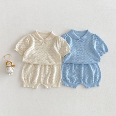 2026 Summer Infant Baby Kids Girls Short Sleeves Hollow-out Pattern Top with Shorts Sets Wholesale
