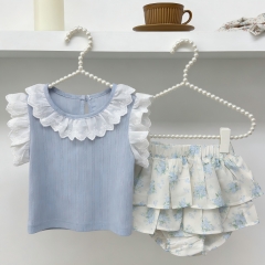 2026 Summer Infant Baby Kids Girls Fly Sleeves Lace Trim Top Vest with Floral Skirt Sets Wholesale