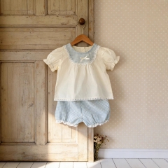 2026 Summer Infant Baby Kids Girls Short Sleeves Color Patchwork Top with Plaid Shorts Sets Wholesale