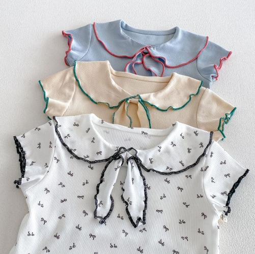 2026 Summer Infant Baby Kids Girls Short Sleeves Butterfly-bows Pattern Top with Shorts Sets Wholesale