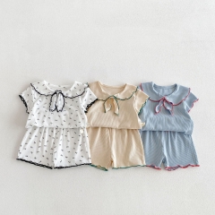 2026 Summer Infant Baby Kids Girls Short Sleeves Butterfly-bows Pattern Top with Shorts Sets Wholesale