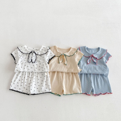 2026 Summer Infant Baby Kids Girls Short Sleeves Butterfly-bows Pattern Top with Shorts Sets Wholesale