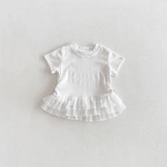 New Arrival Summer Infant Baby Girls Lace Trim Tulle Patchwork Short Sleeves Top Wholesale